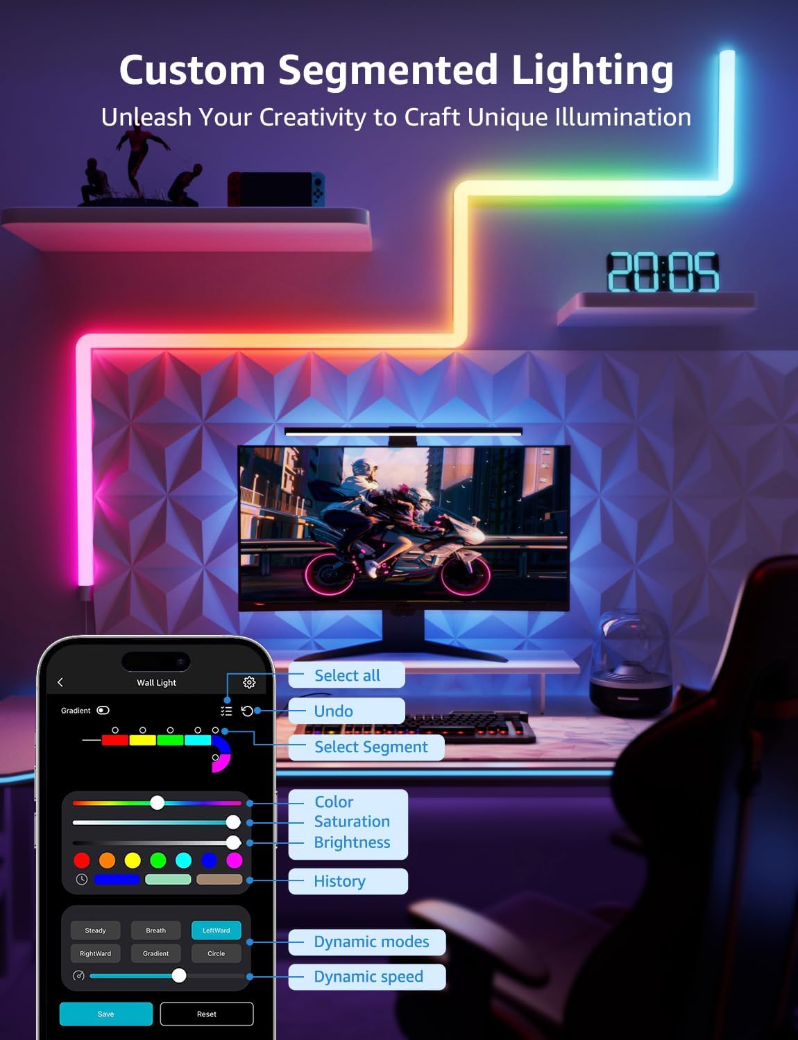 Lepro WL1 AI Glide Smart Wall Light, LLM RGBIC Glide Led Wall Lights, Work with Alexa/Google Assistant, Music Sync TV LED Backlight, Multi Segmented DIY, 8 Pcs+4 Corners Smart LED Lights for Gaming