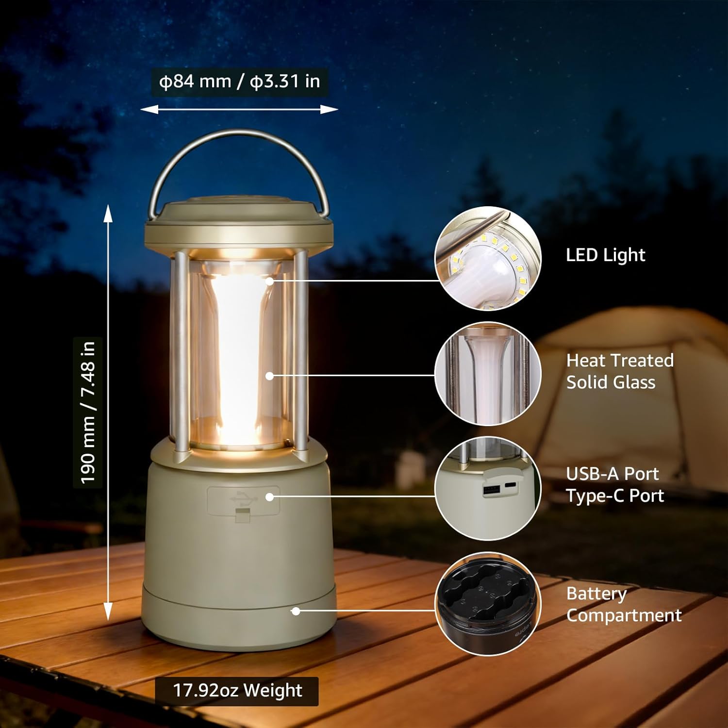 Lepro 1800LM USB rechargeable waterproof camping lantern with four light modes, portable tent light, white color, with Type-C cable.