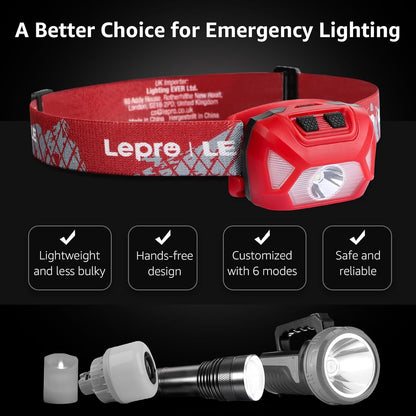 Lepro Headlamp 2-Pack, 1300 Lux Ultra-Light Bright LED Headlights with White Red Light, 6 Modes Battery-Operated Lightweight Waterproof Head Flashlight for Camping Running Cycling Emergency-Red