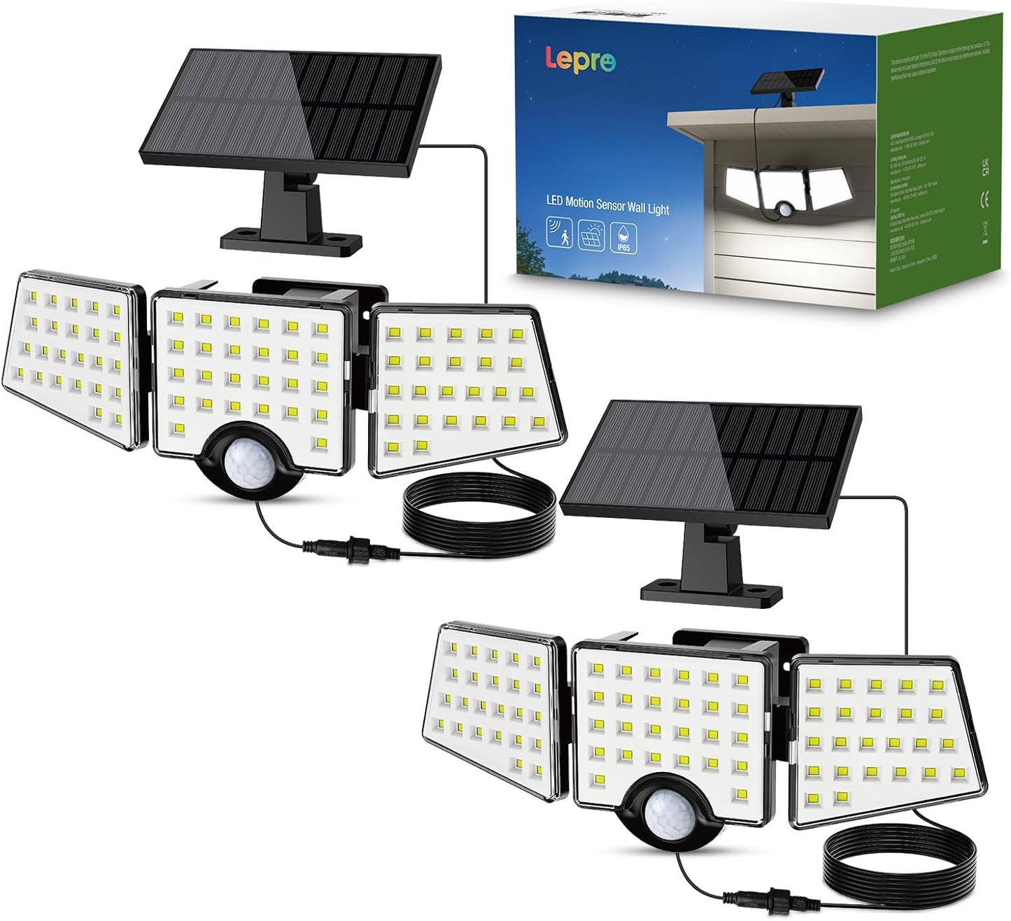 Lepro Solar Motion Sensor Light Outdoor, 72 LED 1000lm Solar Flood Light Separate Solar Panel 3 Adjustable Heads 270¡ã Wide Lighting Angle 6500K Daylight White Auto ON/OFF IP65 Waterproof Security Wall Lights for Porch Yard Garage Pathway, 2 Packs