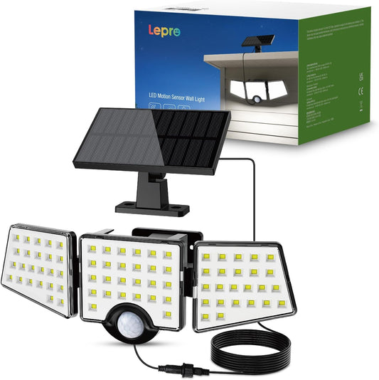 Lepro Solar Motion Sensor Light Outdoor, 72 LED 1000lm Solar Flood Light Separate Solar Panel 3 Adjustable Heads 270¡ã Wide Lighting Angle 6500K Daylight White Auto ON/OFF IP65 Waterproof Security Wall Lights for Porch Yard Garage Pathway