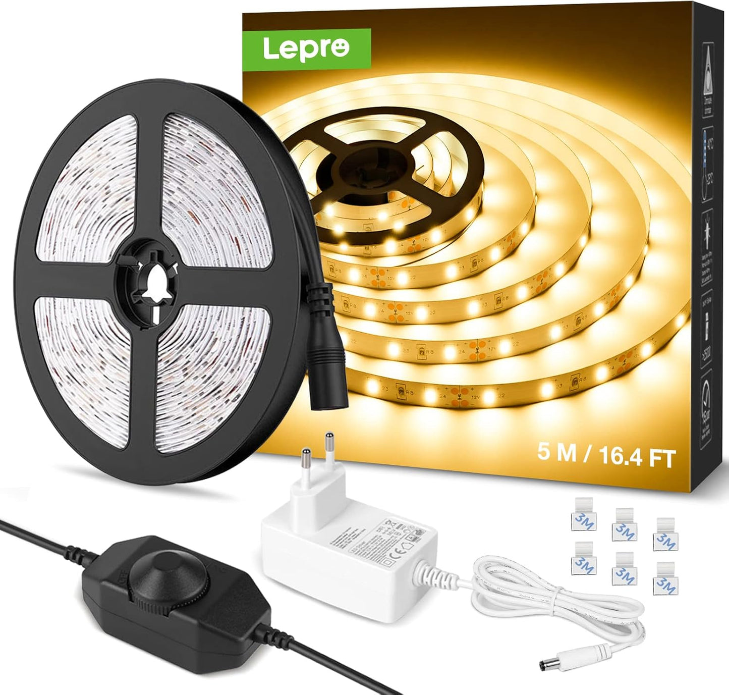 LE LED Strip Lights, 16.4ft 12V Dimmable and Flexible Strip Lights, 3000K Warm White, 300 Units 2835SMD Tape Light for Home, Kitchen, Bedroom, Car and More, Non Waterproof, Power Adapter Included