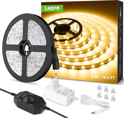 LE LED Strip Lights, 16.4ft 12V Dimmable and Flexible Strip Lights, 3000K Warm White, 300 Units 2835SMD Tape Light for Home, Kitchen, Bedroom, Car and More, Non Waterproof, Power Adapter Included
