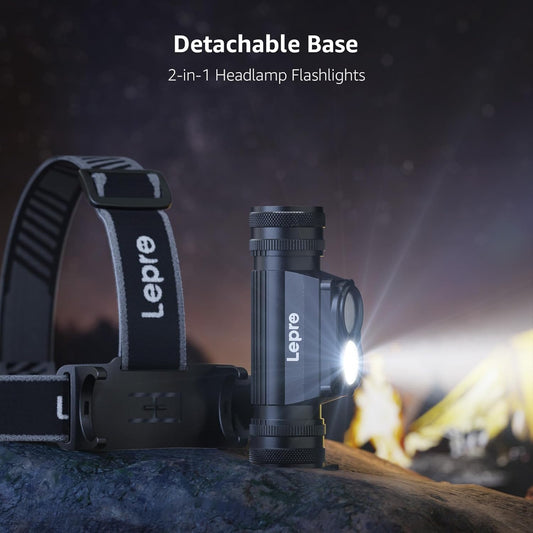 Lepro rechargeable LED headlamp with red warning lights, 6 modes, 1000 lumens, waterproof for camping, running, and hiking.