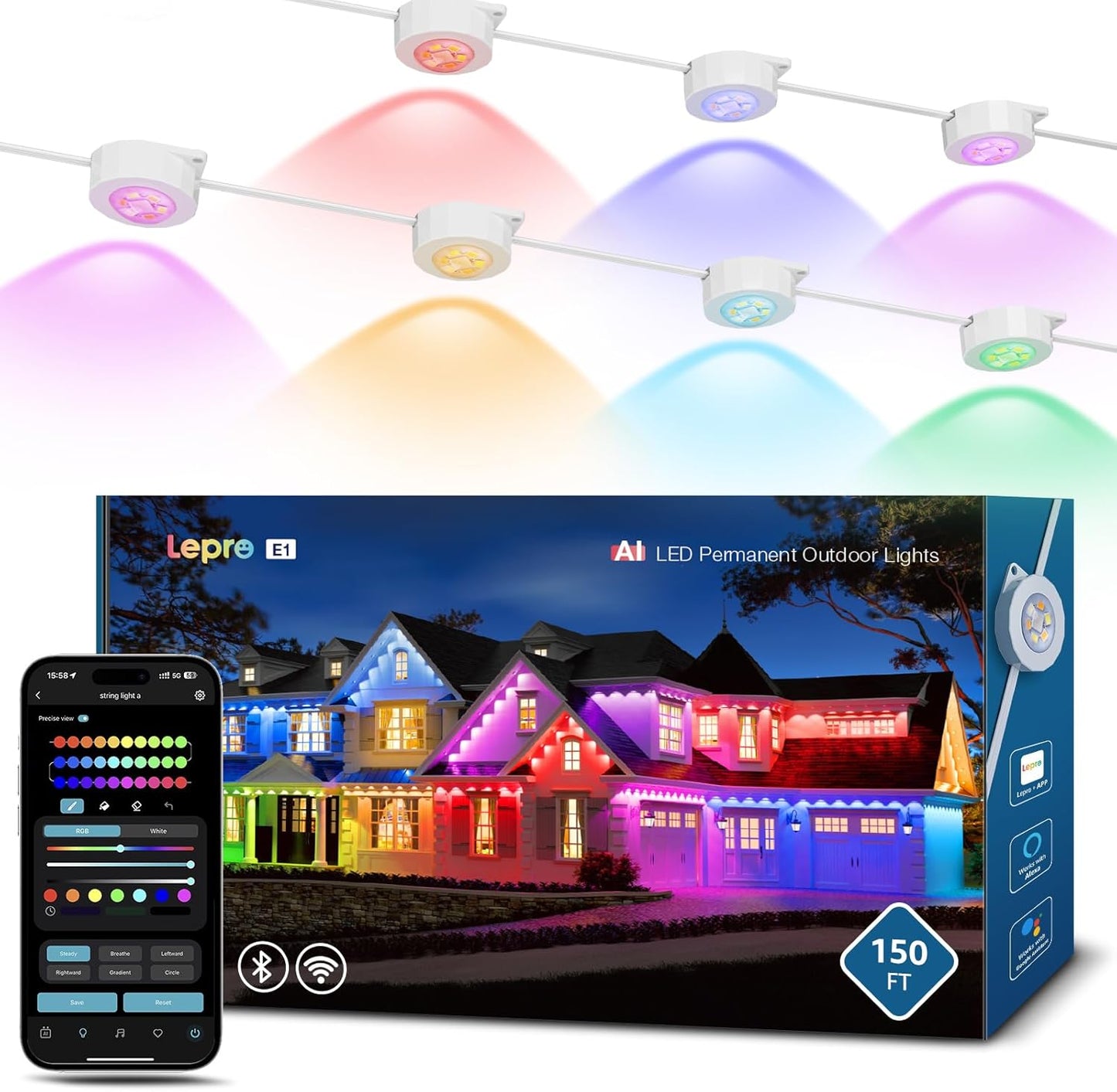 Lepro E1 AI Permanent Outdoor Lights APP Control, 150ft RGB+IC Smart Christmas Lights with 90 Warm/Cool White LED, Alexa Google Enabled Eaves Lights, AI Generated Lighting LLM, NO Remote, 2.4 GHz WiFi