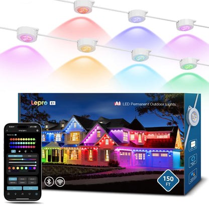 Lepro E1 AI Permanent Outdoor Lights APP Control, 150ft RGB+IC Smart Christmas Lights with 90 Warm/Cool White LED, Alexa Google Enabled Eaves Lights, AI Generated Lighting LLM, NO Remote, 2.4 GHz WiFi