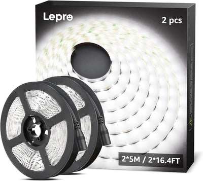 32.8ft(16.4ft*2) Daylight White LED Light Strip, 600LEDs 2835SMD, Flexible LED Strip, 12V DC Non-Waterproof, for DIY Home Kitchen Car Bar Party Decoration, Power Adapter Not Included