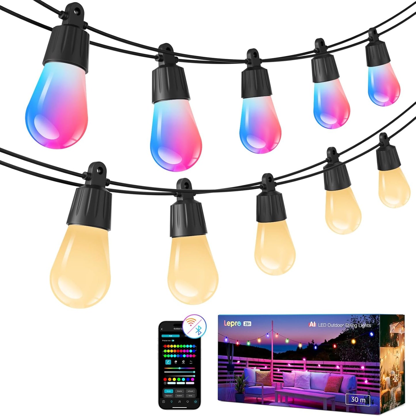 Lepro ZB1 Upgraded Version AI Smart Outdoor String Lights, 100ft RGB+IC Warm White Patio Lights, 30 Dimmable S14 LED Bulbs Outdoor Lights, Works with Alexa/Google, APP Control, 2.4GHz WiFi+Bluetooth, No Remote