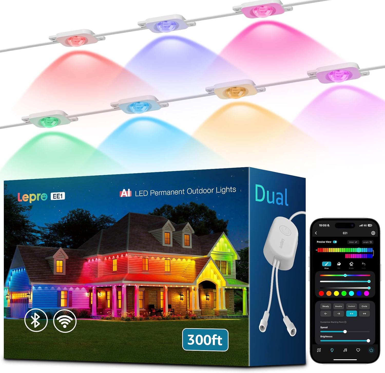 Lepro EE1 AI Permanent Outdoor Lights APP Control, 300ft 180 RGB+IC LED & Dual Output, Works with Alexa & Google, Waterproof Eave Light for Christmas, Halloween, House Decor, 2.4GHz WiFi/Bluetooth