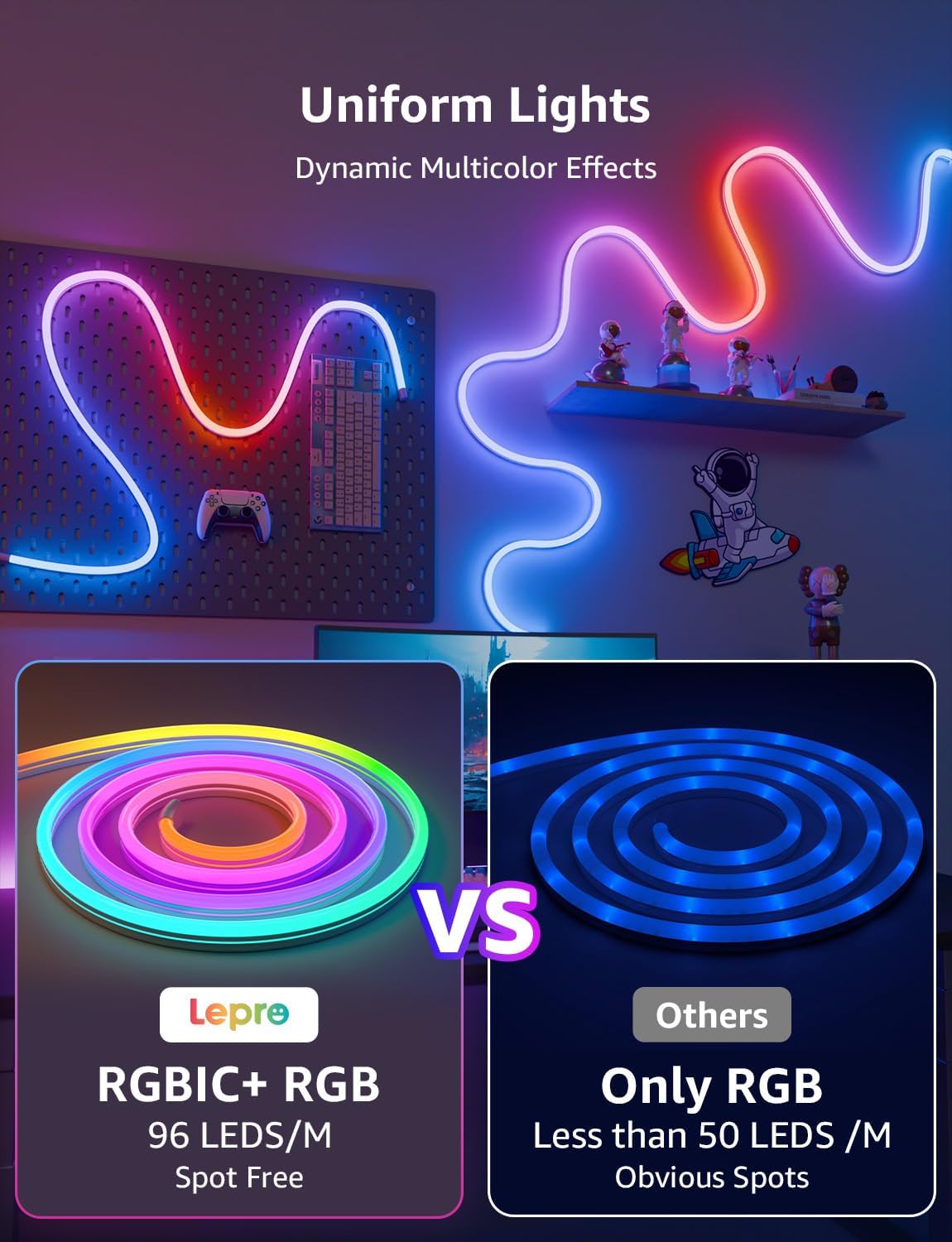 Lepro AI LED Neon Lights N1, RGBIC LED Lights, Work with Google/Alexa Neon Rope Light, IP65 Outdoor Led Strip Lights Waterproof, Music Sync LED Lights Strip for Bedroom, LED Rope Lights Indoor, 10FT