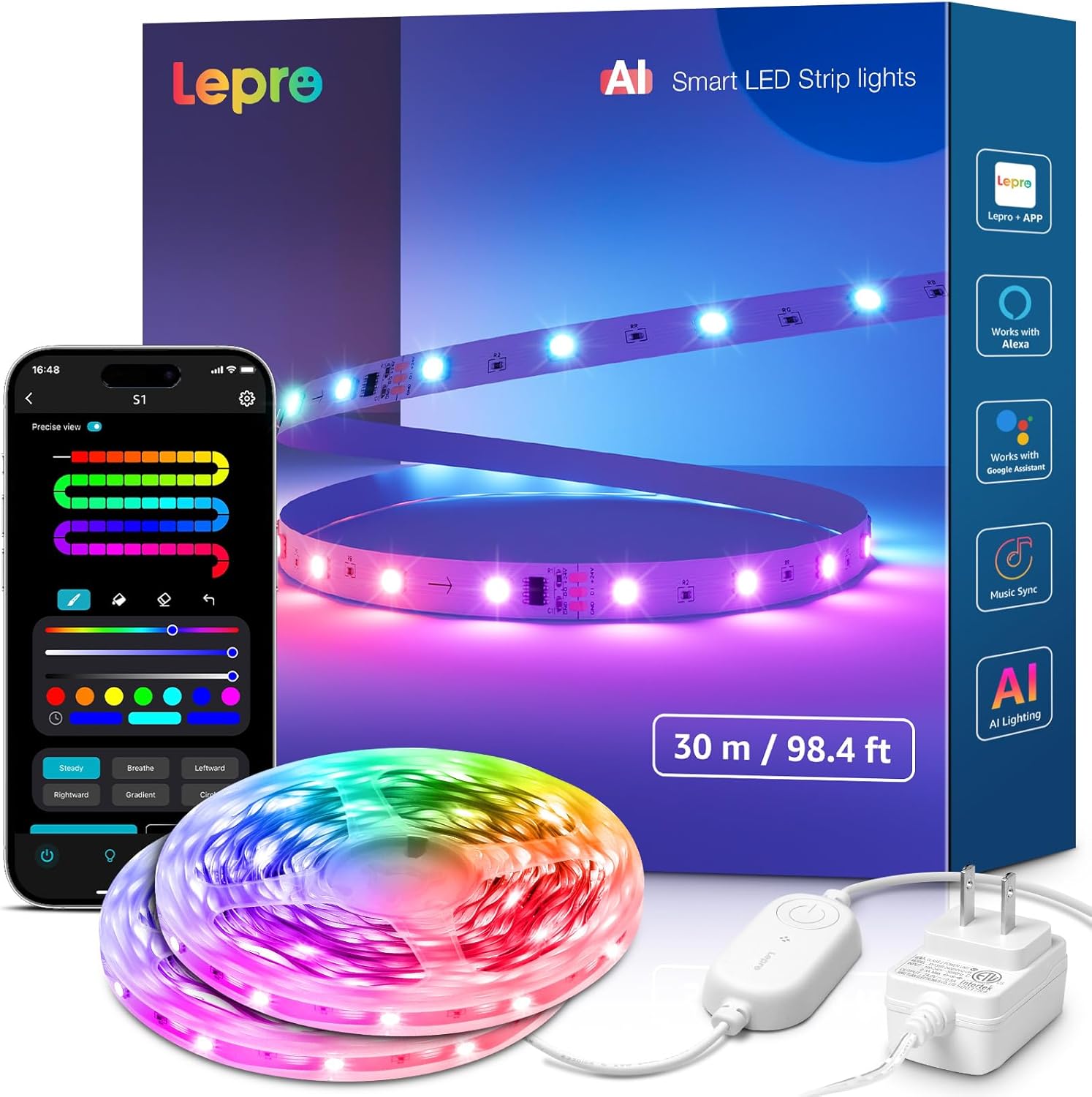 Lepro S1 AI LED Lights, 98.4ft WiFi RGBIC Led Lights Strip for Bedroom, Work with Alexa & Google LED Strip Lights, Music Sync LLM RGB Lights, Color Segment DIY LED Light Strips, Christmas Decorations