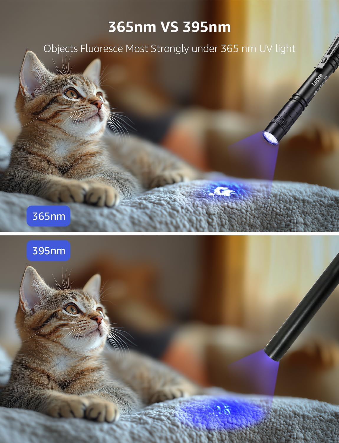 Lepro UV LED flashlight pen revealing pet urine stains, bed bugs, and stains with 365nm ultraviolet light on a white background.