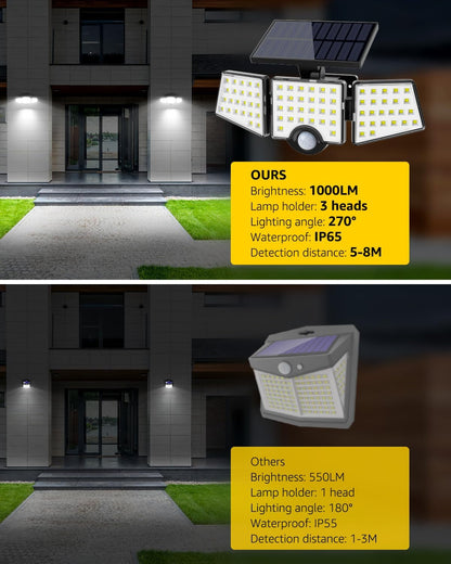 LE Solar Lights Outdoor, 12W 1000LM Motion Sensor Lights with 3 Adjustable Heads, 72 LED Security Flood Lights IP65 Waterproof for Garage Yard Door, Cold White 2 Pack