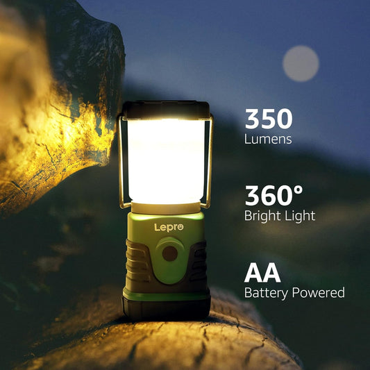 Lepro portable LED camping lantern with 4 lighting modes, bright 350 lumens, battery-powered for outdoor camping and emergency use.
