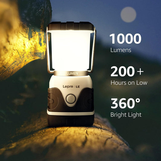Lepro outdoor LED camping lantern with 1000 lumens, waterproof, battery-powered, dimmable tent light for hiking and emergency use
