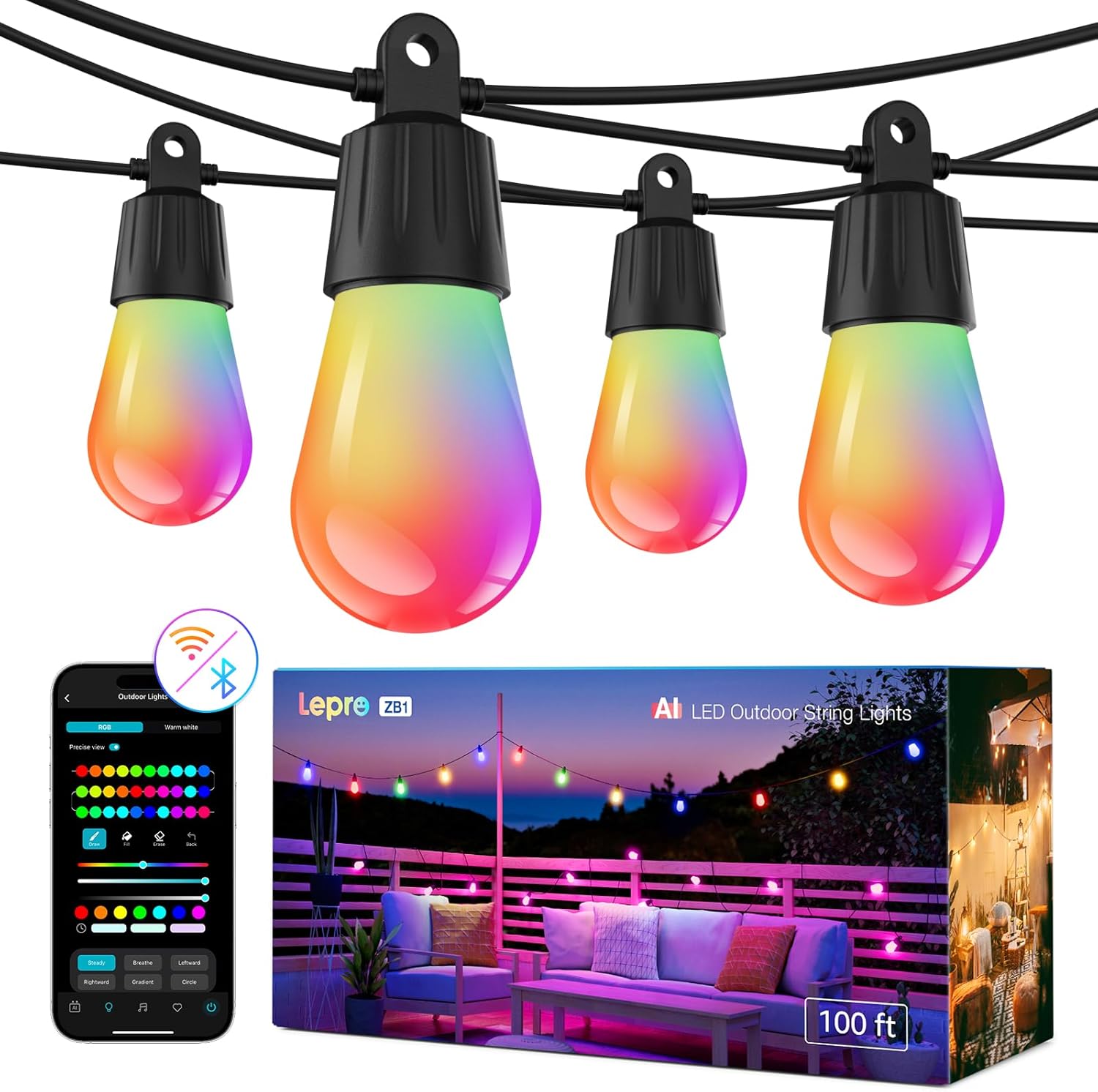 Lepro ZB1 AI Smart String Lights APP Control, 100ft RGB+IC+Warm White Patio Lights 30 LED Bulbs, Alexa Google Enabled Outdoor Lights, AI Generated Lighting LLM, Music Sync, 2.4 GHz WiFi + Bluetooth