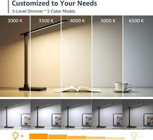 Lepro LED desk lamp with adjustable brightness, three color modes, touch control, black finish, suitable for office or reading spaces.