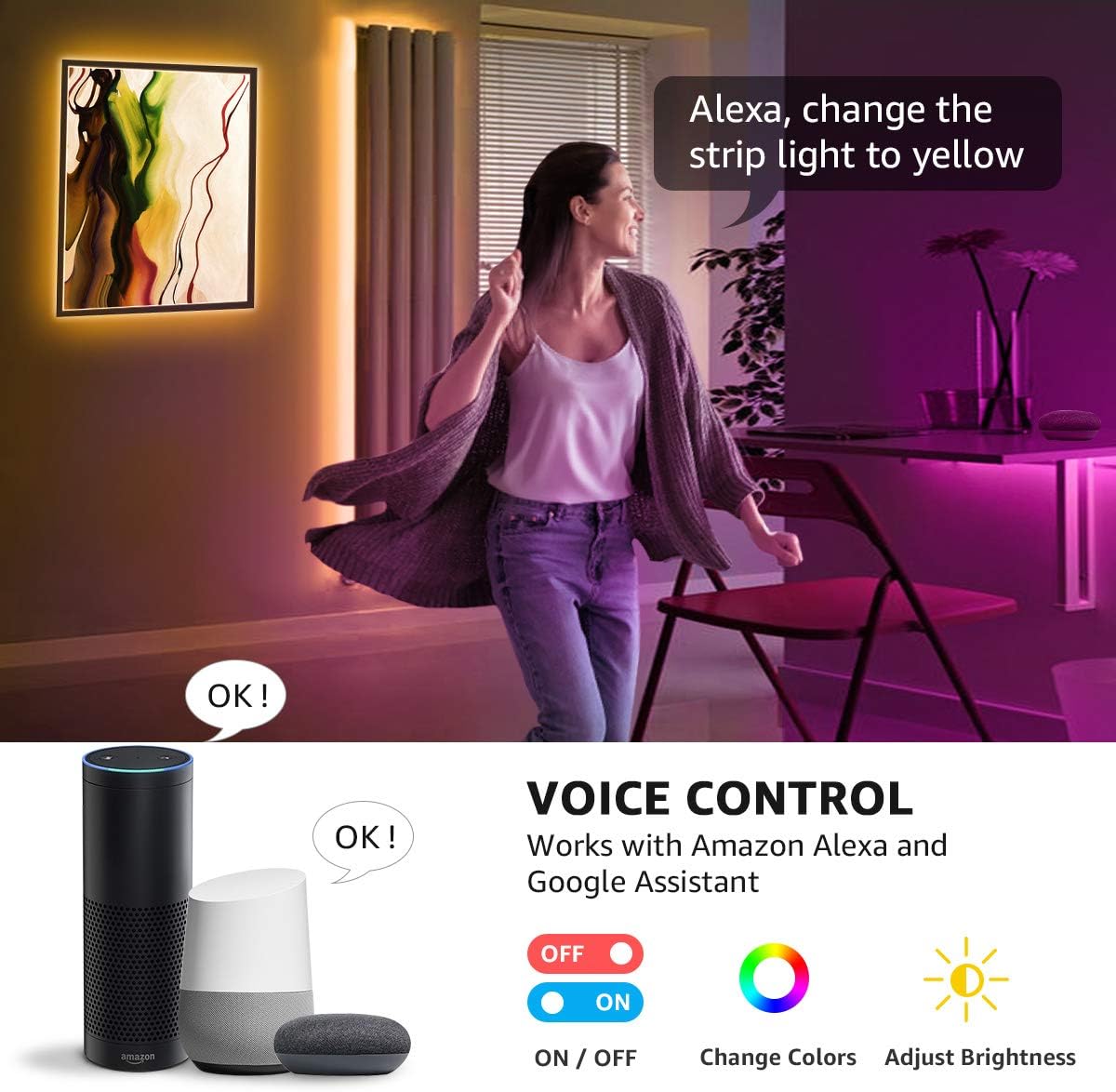 LE Smart WIFI LED Strip Lights, 32.8ft 300 LEDs Wireless APP Controlled Waterproof RGB Light Strip Kit Compatible with Alexa and Google Assistant, Dimmable Color Changing 5050 LED Tape Light with Power Supply, No Hub Required, 16.4ft*2