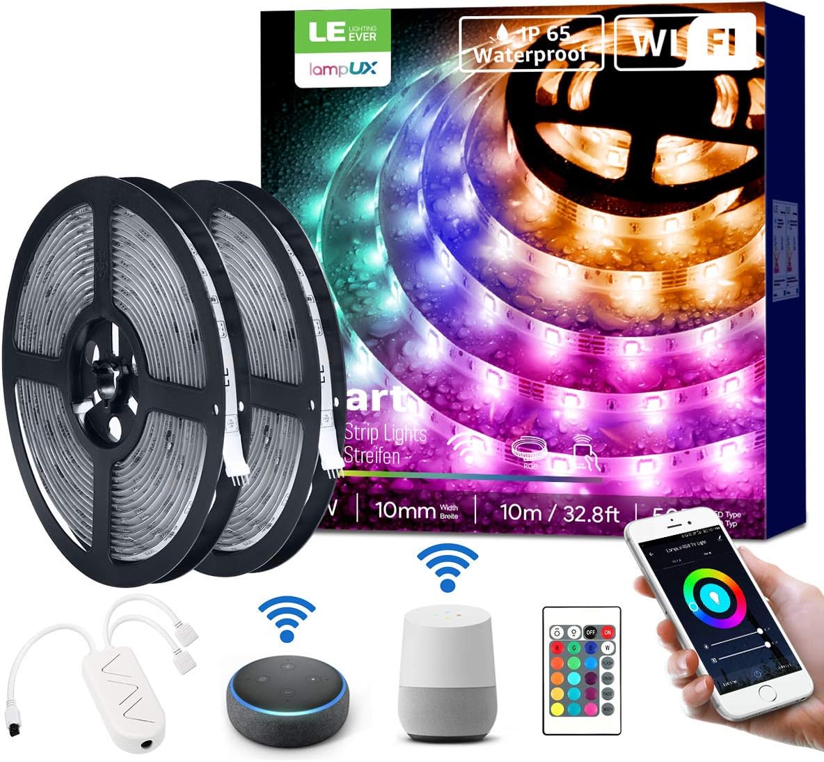 LE Smart WIFI LED Strip Lights, 32.8ft 300 LEDs Wireless APP Controlled Waterproof RGB Light Strip Kit Compatible with Alexa and Google Assistant, Dimmable Color Changing 5050 LED Tape Light with Power Supply, No Hub Required, 16.4ft*2