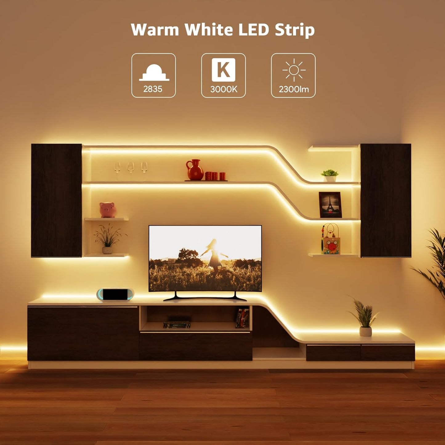 Lepro LED Strip Lights, 32.8ft 24V Dimmable and Flexible Strip Lights, 3000K Warm White, 600 Units 2835SMD Tape Light for Home, Kitchen, Bedroom, Car and More, Non Waterproof, Power Adapter Included