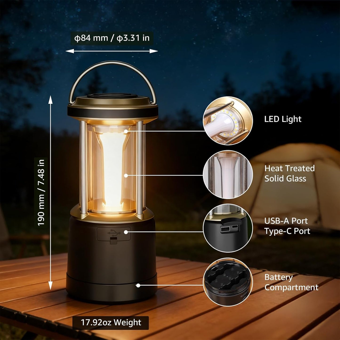 Lepro 1800LM USB Rechargeable LED Camping Lantern, Waterproof Tent Light with 4 Light Modes, Camping Essentials, Portable Lantern Flashlight for Camping, Emergency Light, Type-C Cable Included, Black