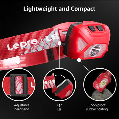 Lepro Headlamp 2-Pack, 1300 Lux Ultra-Light Bright LED Headlights with White Red Light, 6 Modes Battery-Operated Lightweight Waterproof Head Flashlight for Camping Running Cycling Emergency-Red