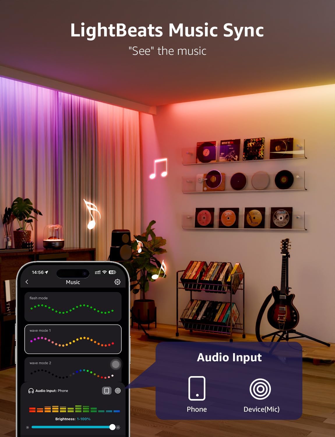 Lepro LED Strip Lights, 65.6ft Music Sync LED Lights Strip with Remote, RGB Color Changing Light Strip for Bedroom, Living Room, Kitchen and More, 32.8ft*2