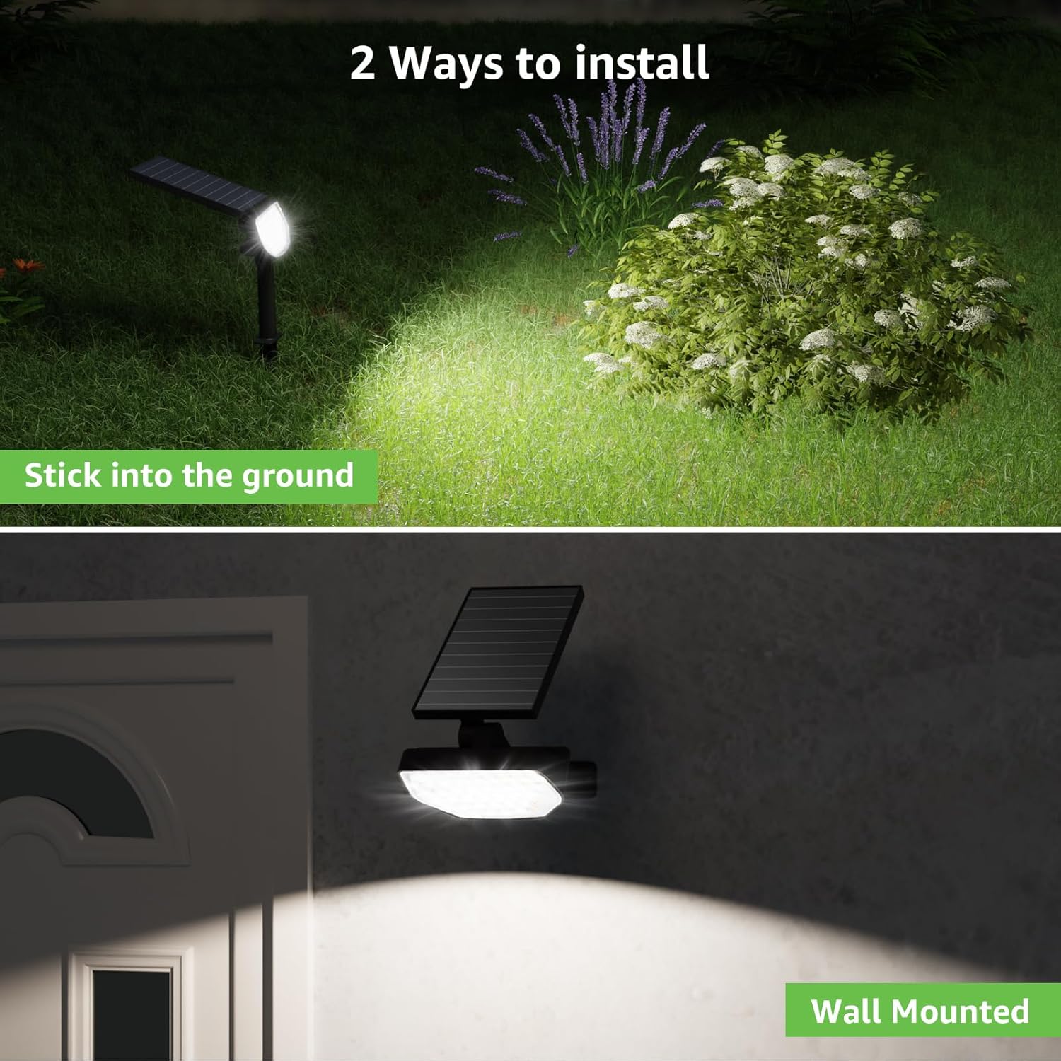 Lepro outdoor solar spotlight with 43 LEDs, daylight white 6500K, waterproof IP65, dusk-to-dawn auto on/off for garden and pathway lighting