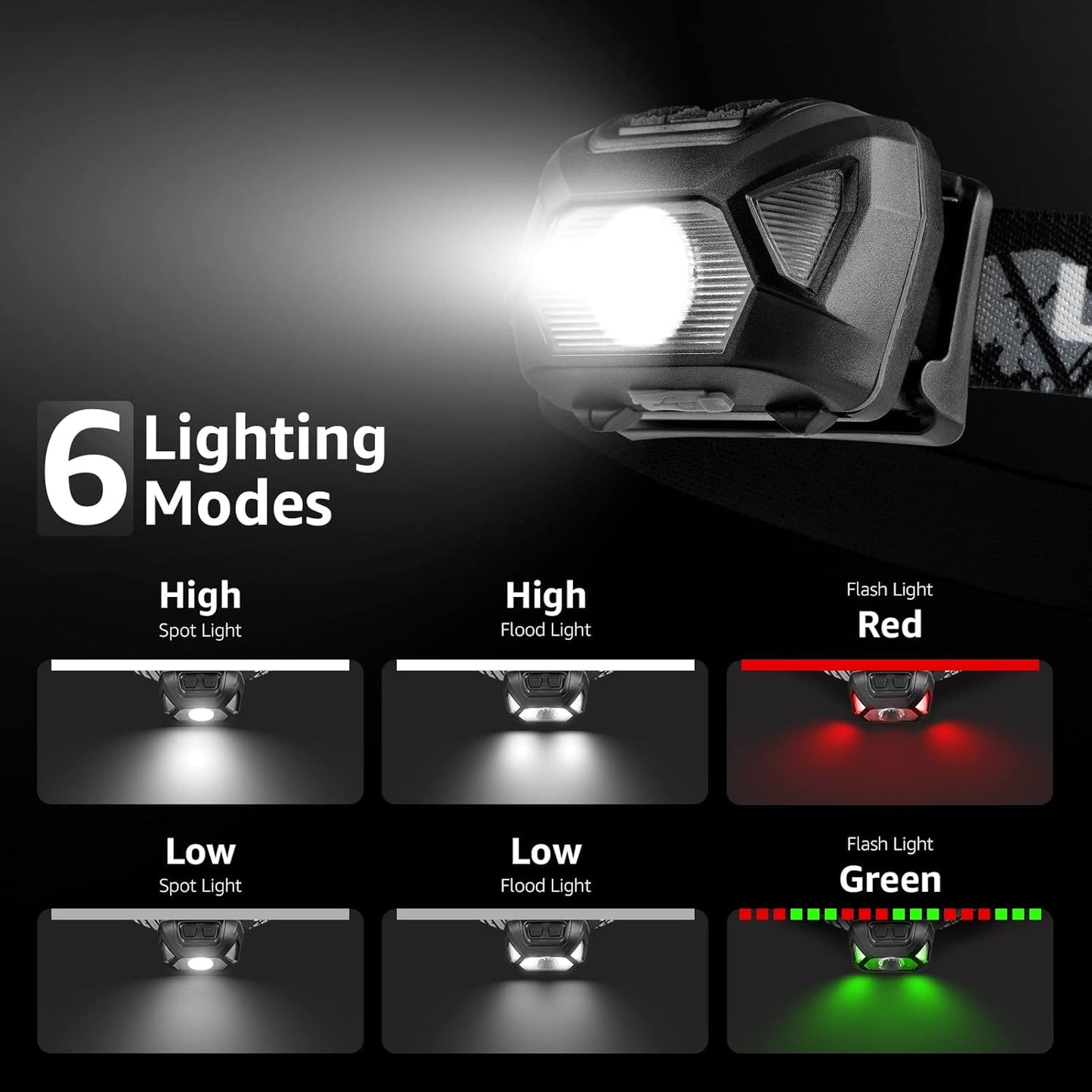 2 Pack LED Headlamp, Super Bright Rechargeable Head Lamp with white & Red Light and 6 Lighting Modes, Compact and Lightweight, Waterproof Headlamp Flashlight for Camping Hunting Climbing Running Outdoor