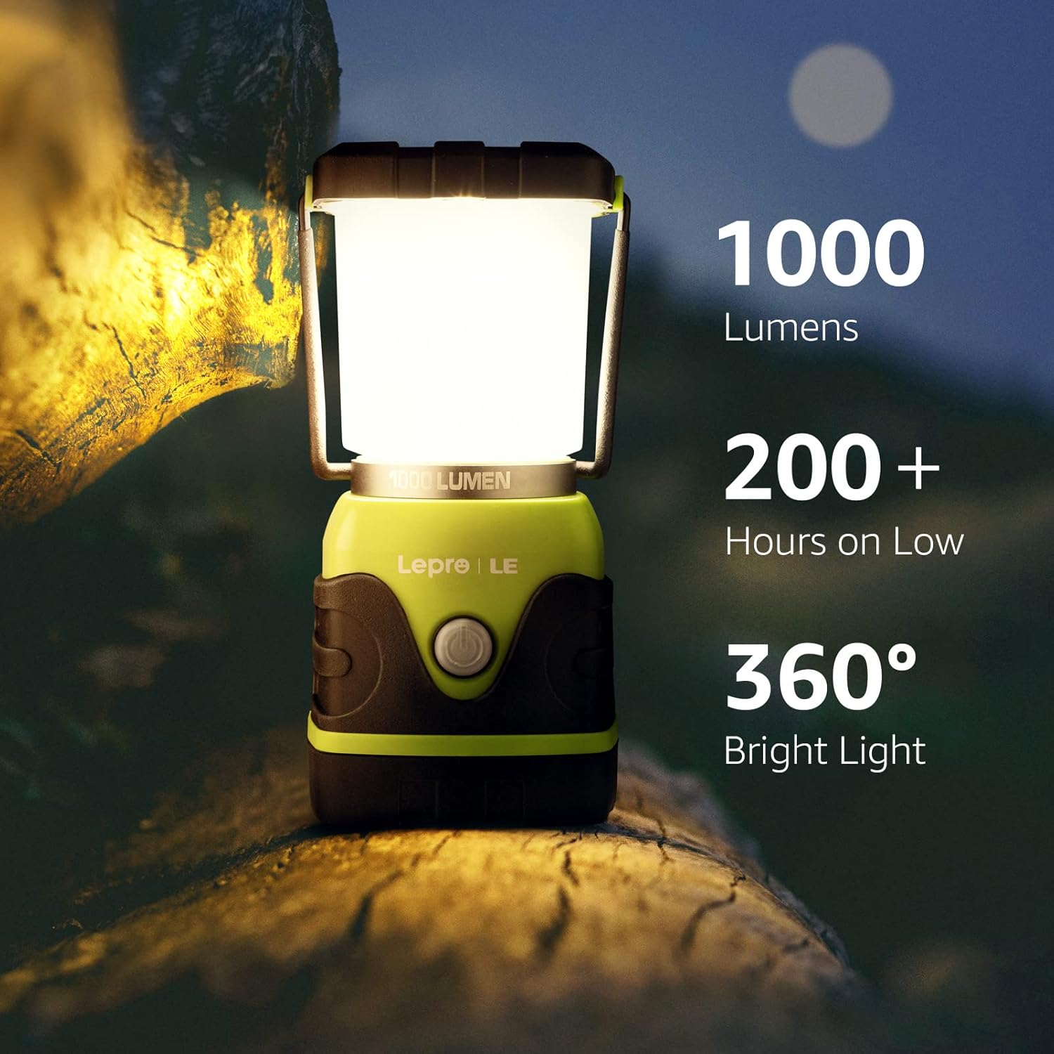 Lepro outdoor LED camping lantern with 1000 lumens, waterproof, battery-powered, dimmable tent light for camping and emergencies.
