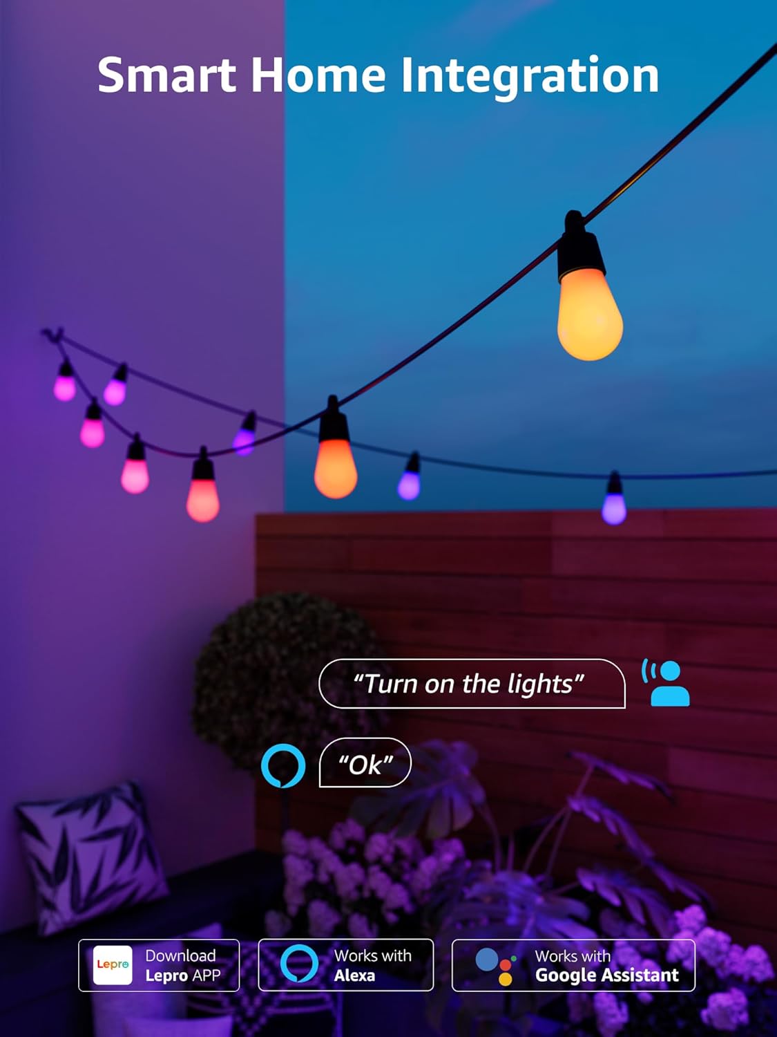 Lepro ZB1 AI Smart String Lights APP Control, 54ft RGB+IC+Warm White Patio Lights 15 LED Bulbs, Alexa Google Enabled Outdoor Lights, AI Generated Lighting LLM, Music Sync, 2.4 GHz WiFi + Bluetooth
