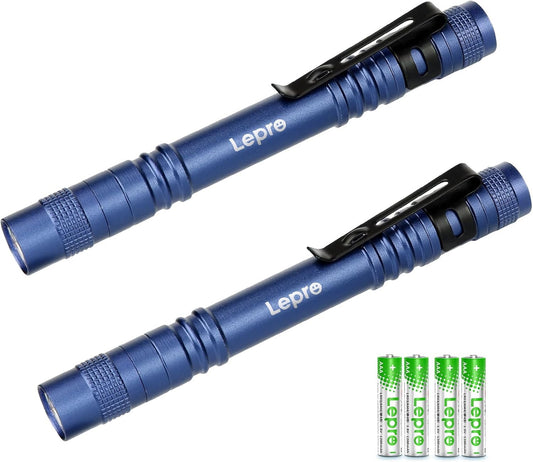 Lepro Pen LED Flashlight, Compact and Ultra Bright XPE LED Tactical Penlight Flashlight, Waterproof Pocket Flashlight, Mini Flashlight with AAA Battery Powered and Clip, 2 Packs Blue