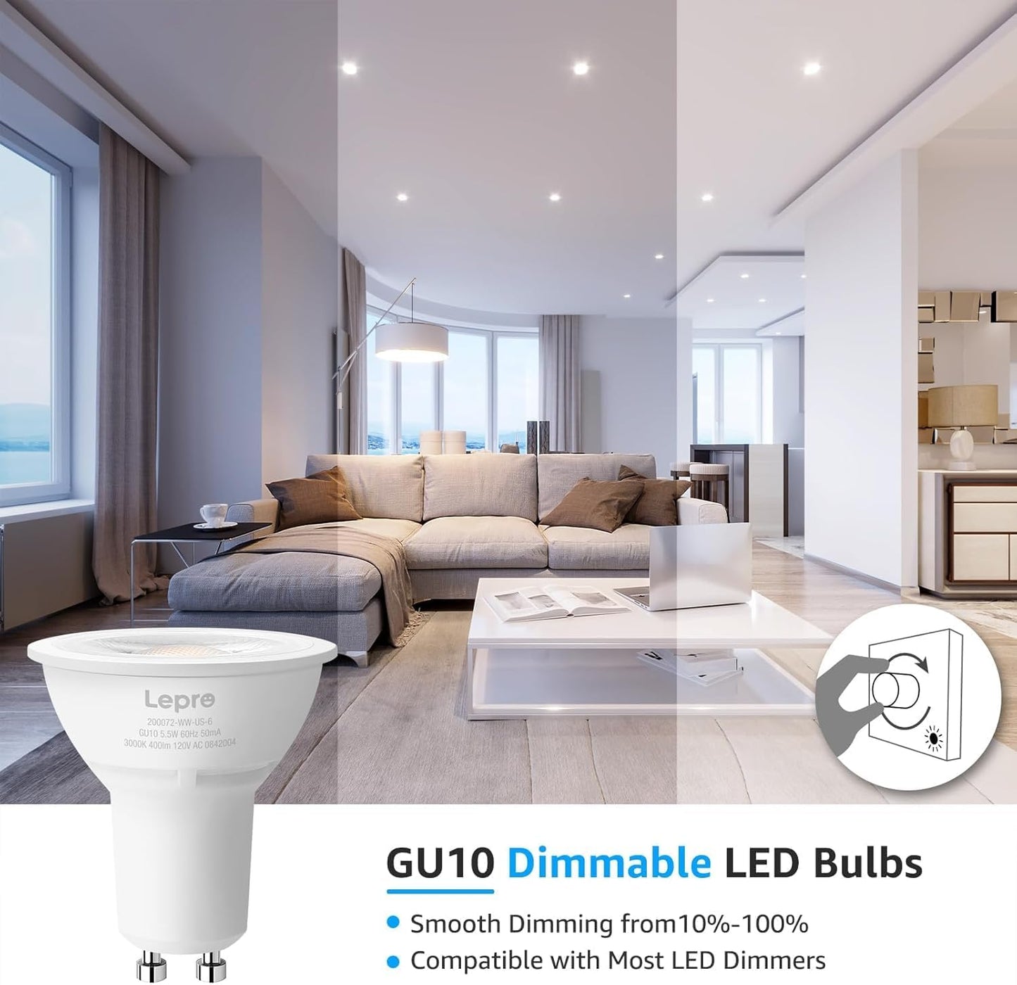 Lepro GU10 LED Bulbs, Dimmable GU10 Light Bulb, 5000K Daylight White Bulbs, 5.5W PAR16 LED Spotlight Bulb, 50W Halogen Equivalent Track Lighting Bulb for Kitchen, Range Hood, Bedroom, 3 Packs