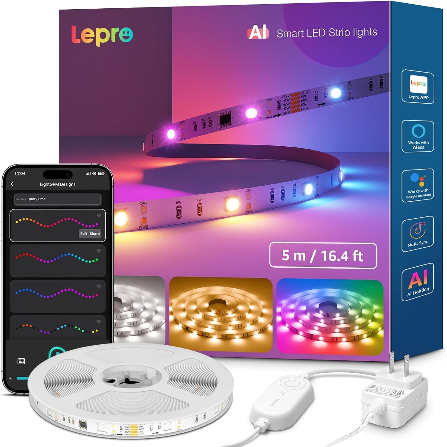 Lepro LED Strip Lights Kit, 50ft Ultra-Long RGB LED Light Strips, Dimmable Color Changing Light Strip with Remote Control, 450 Leds 12V Led Tape Light for Kitchen, Bedroom and More, Non-Waterproof (24.6ft*2)