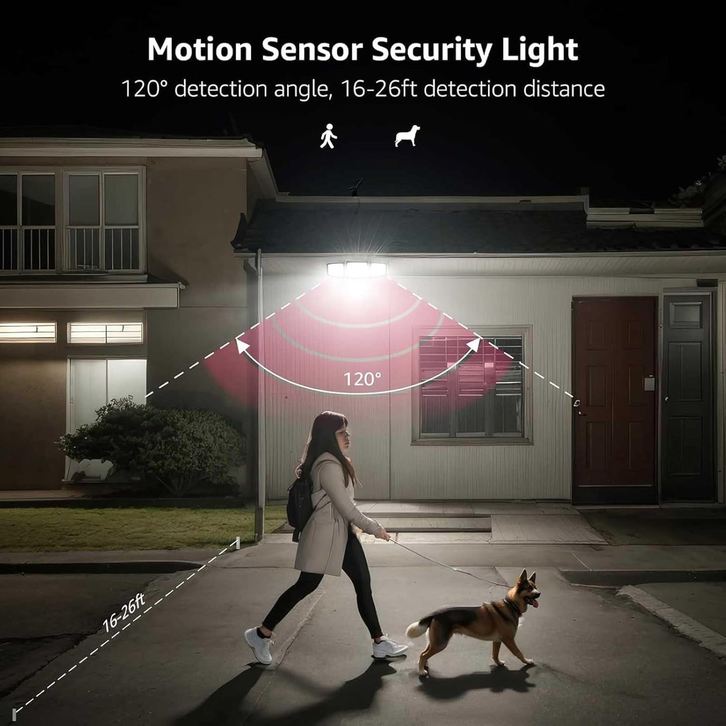 Lepro Solar Motion Sensor Light Outdoor, 72 LED 1000lm Solar Flood Light Separate Solar Panel 3 Adjustable Heads 270¡ã Wide Lighting Angle 6500K Daylight White Auto ON/OFF IP65 Waterproof Security Wall Lights for Porch Yard Garage Pathway, 2 Packs