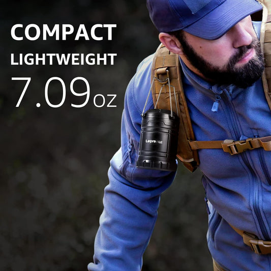 Lepro LED camping lantern outdoors, super bright, battery-powered, water-resistant, collapsible emergency light for storms or outages.
