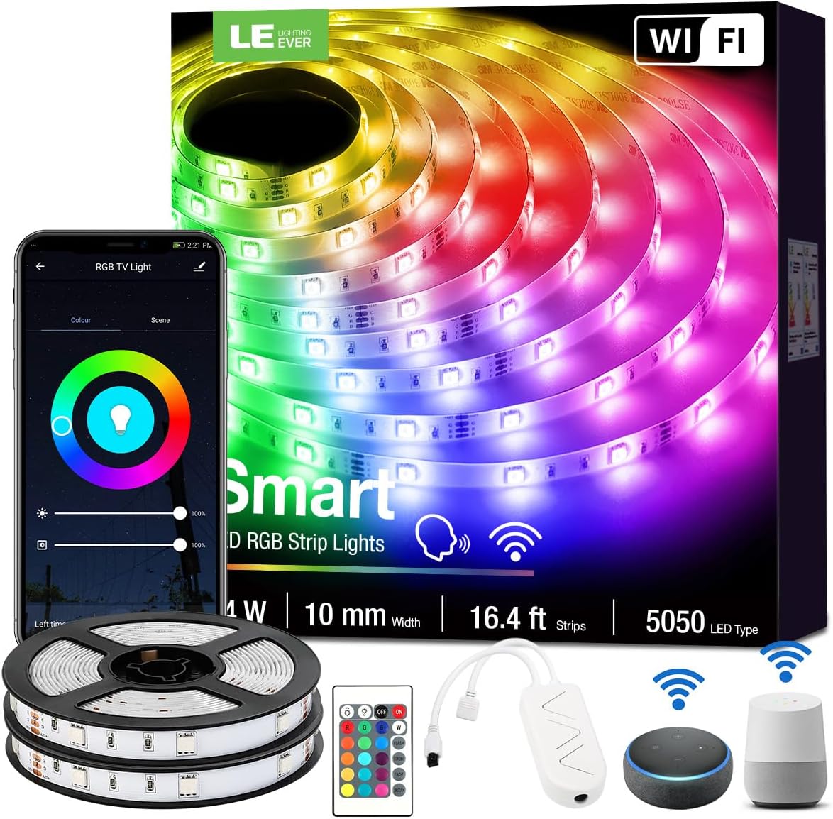 Lepro Smart WIFI LED Strip Lights, 32.8ft 300 LEDs Wireless APP Controlled Flexible RGB Light Strip Kit Compatible with Alexa and Google Assistant, Dimmable Color Changing 5050 LED Tape Light with Power Supply, No Hub Required, 16.4ft*2
