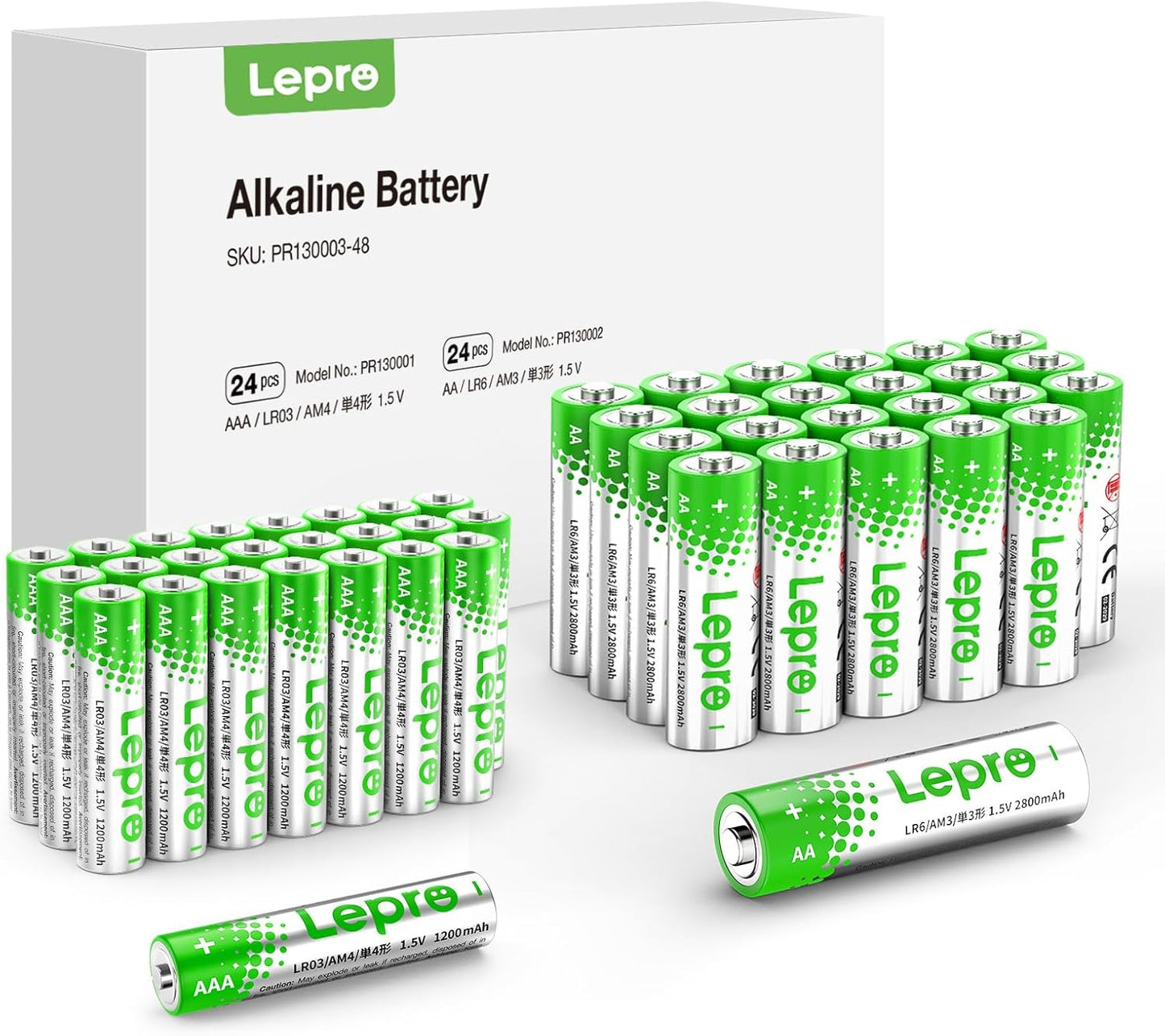 Lepro 48 Pack AA and AAA Batteries Combo Pack, High-Performance Alkaline Batteries, Included 24 Double AA Batteries & 24 Triple AAA Batteries, Long Lasting, Leak-Proof, Ideal for Everyday Devices