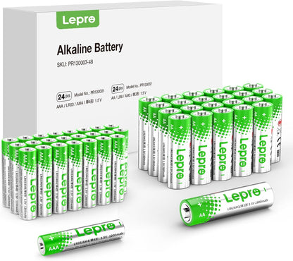 Lepro 48 Pack AA and AAA Batteries Combo Pack, High-Performance Alkaline Batteries, Included 24 Double AA Batteries & 24 Triple AAA Batteries, Long Lasting, Leak-Proof, Ideal for Everyday Devices