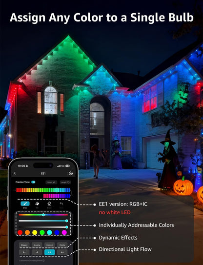 Lepro EE1 AI Permanent Outdoor Lights APP Control, 300ft 180 RGB+IC LED & Dual Output, Works with Alexa & Google, Waterproof Eave Light for Christmas, Halloween, House Decor, 2.4GHz WiFi/Bluetooth