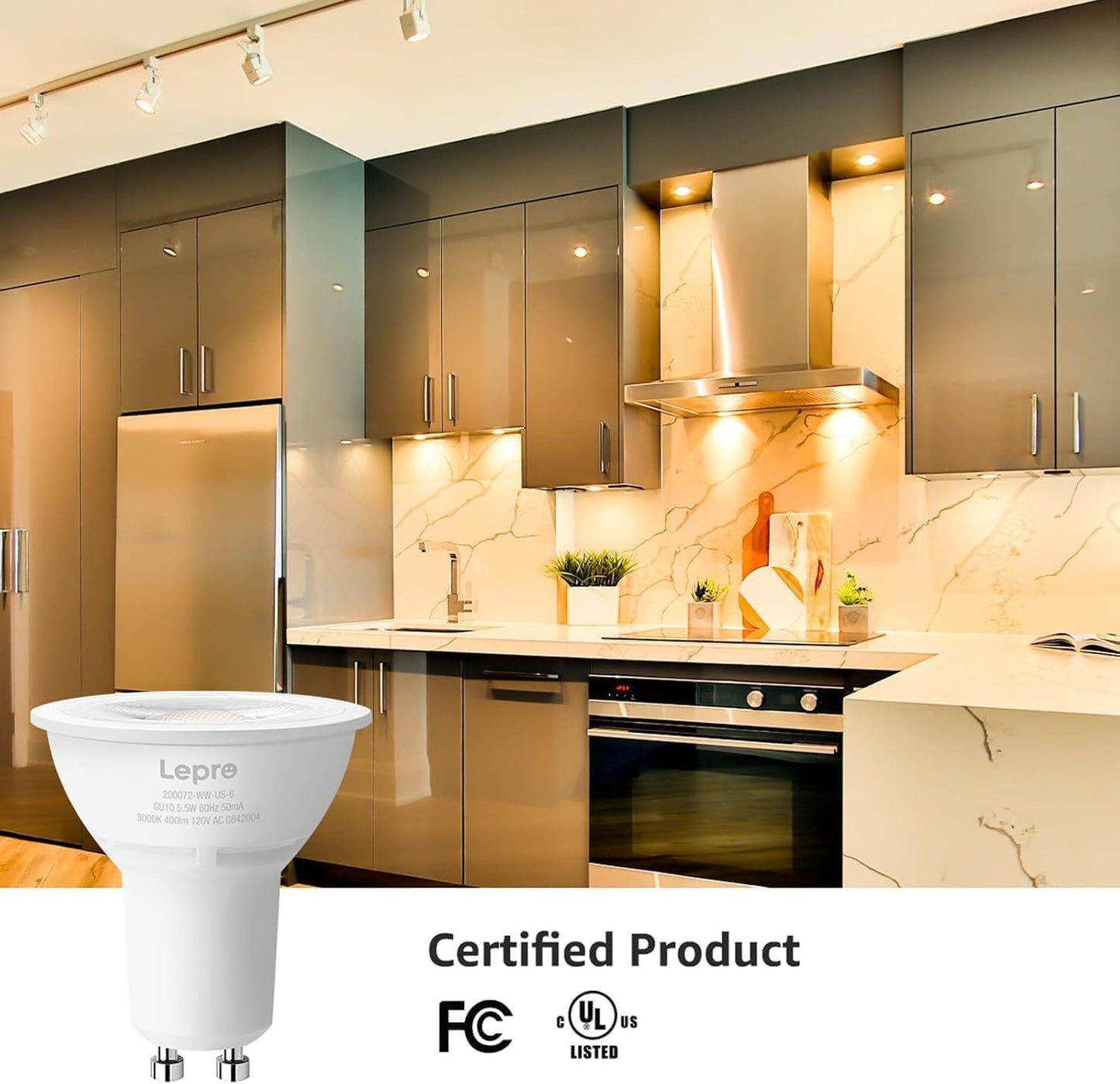 Lepro Dimmable GU10 Light Bulbs, 3000K Soft Warm Light GU10 LED Bulbs, 5.5W(50W Halogen Equivalent) PAR16 LED Spotlight Bulb, Track Lighting Bulb for Kitchen, Range Hood, Bedroom, 3 Packs