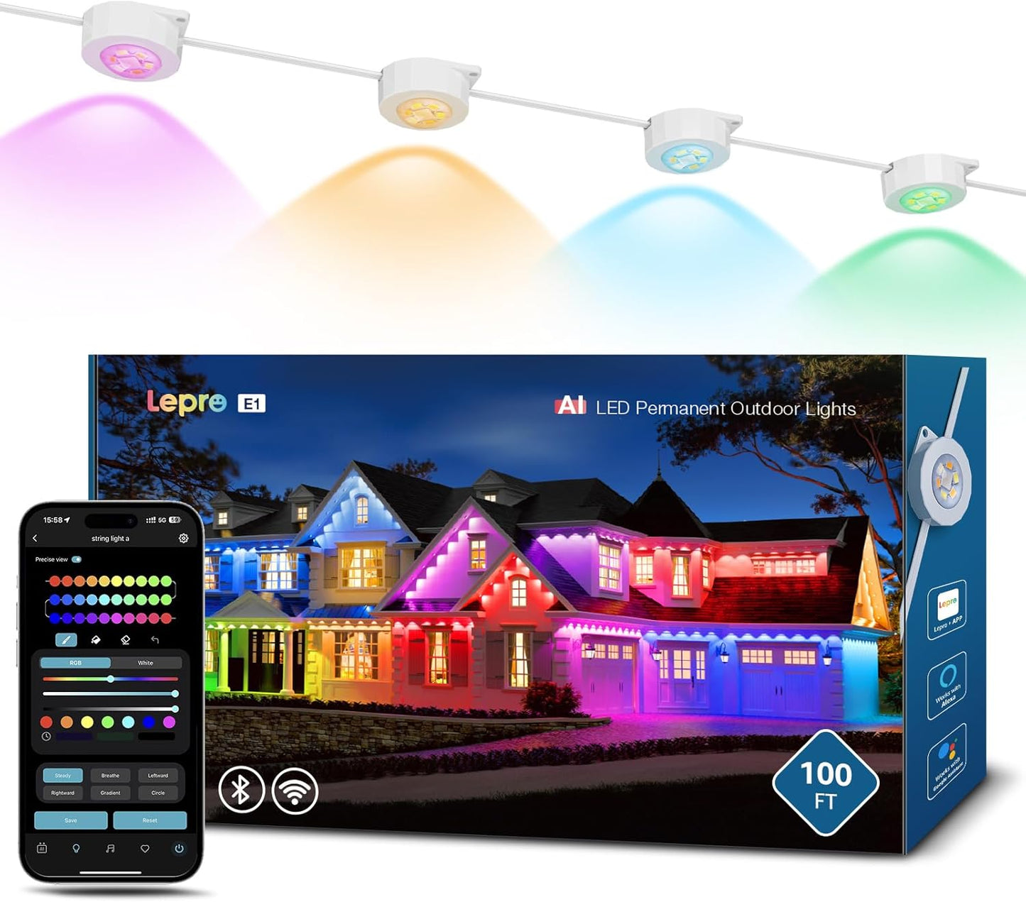 Lepro E1 AI Permanent Outdoor Lights APP Control, 100ft RGB+IC Smart Christmas Lights with 60 Warm/Cool White LED, Alexa Google Enabled Eaves Lights, AI Generated Lighting LLM, NO Remote, 2.4 GHz WiFi
