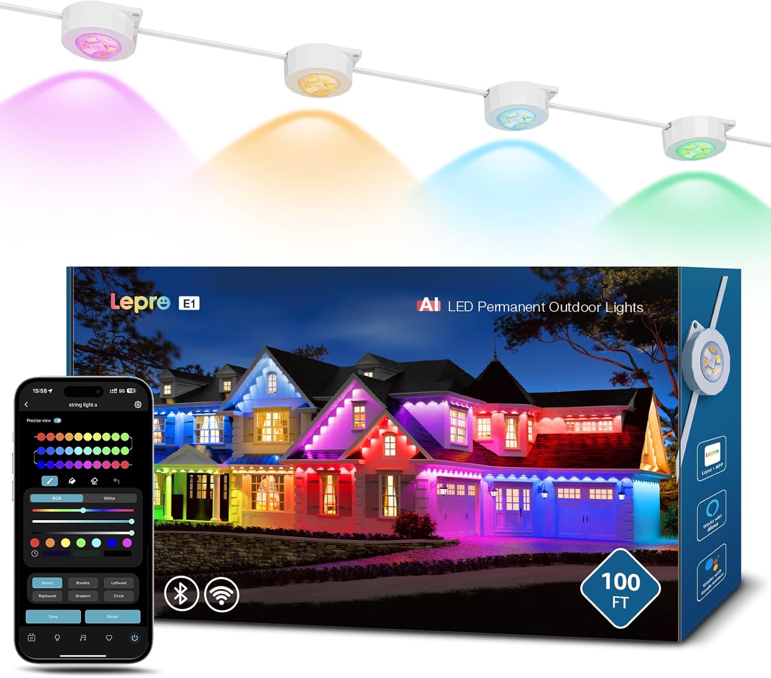 Lepro E1 AI Permanent Outdoor Lights APP Control, 100ft RGB+IC Smart Christmas Lights with 60 Warm/Cool White LED, Alexa Google Enabled Eaves Lights, AI Generated Lighting LLM, NO Remote, 2.4 GHz WiFi