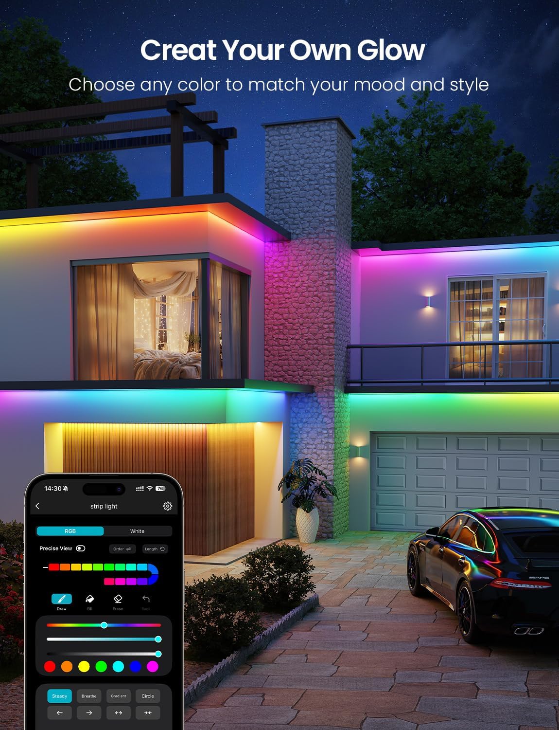 Lepro SW1 AI RGBICW Outdoor LED Strip Lights, Waterproof LED Lights, Work with Alexa and Google Assistant, Personalized AI Lighting Designer, Music Sync Outdoor Lights for Eave, Balcony, Pool