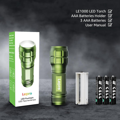 Lighting EVER LED Flashlights High Lumens, Small Flashlight, Zoomable, Waterproof, Adjustable Brightness Flash Light for Outdoor, Emergency, Camping, AAA Batteries Included, Green, 2 Pack