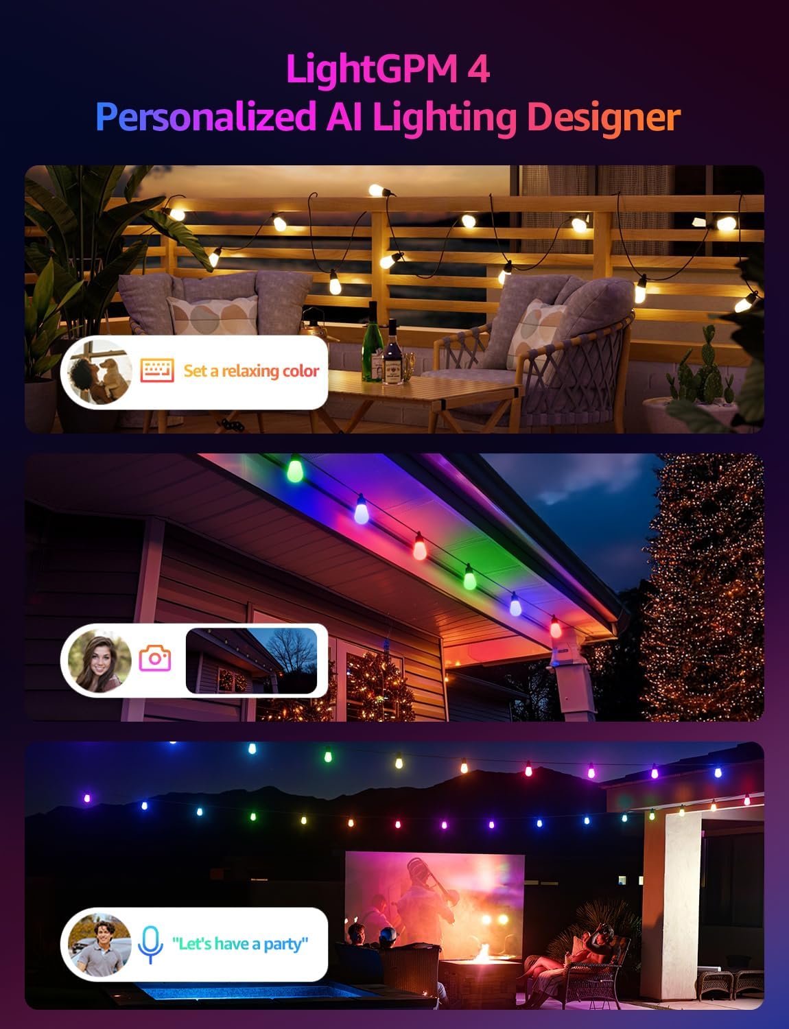 Lepro ZB1 AI Smart String Lights APP Control, 54ft RGB+IC+Warm White Patio Lights 15 LED Bulbs, Alexa Google Enabled Outdoor Lights, AI Generated Lighting LLM, Music Sync, 2.4 GHz WiFi + Bluetooth