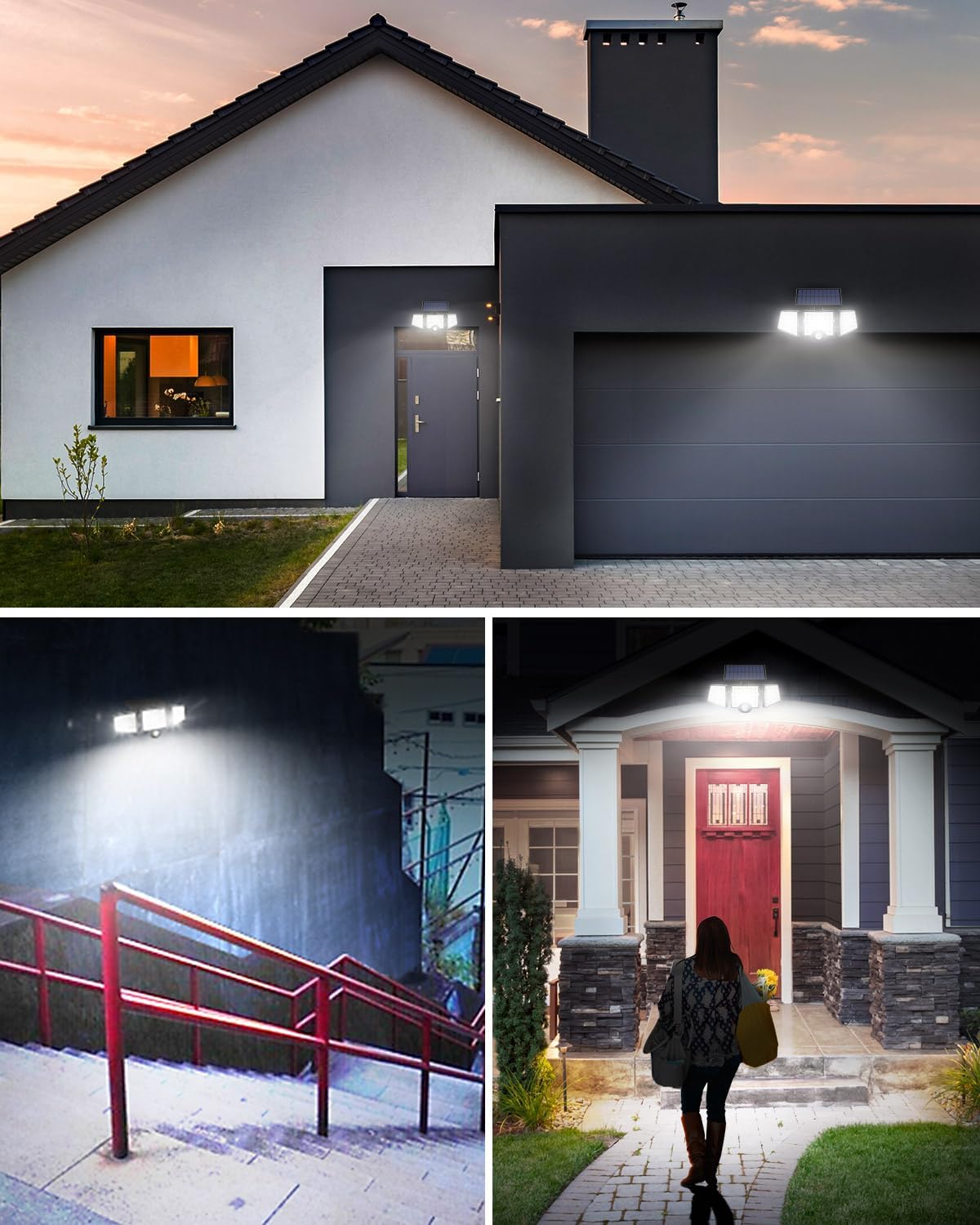 LE Solar Lights Outdoor, 12W 1000LM Motion Sensor Lights with 3 Adjustable Heads, 72 LED Security Flood Lights IP65 Waterproof for Garage Yard Door, Cold White 2 Pack