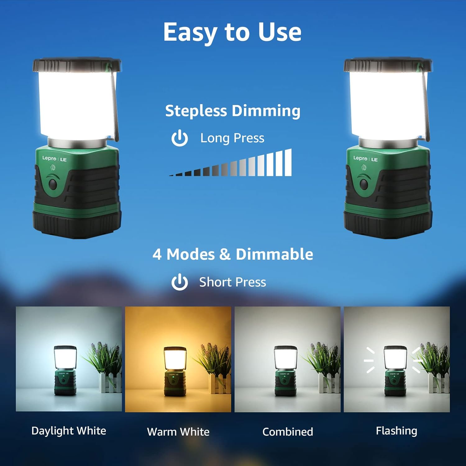 Lepro 1000lm LED camping lantern with four light modes, waterproof design, 4400mAh power bank, ideal for outdoor, camping, and emergencies