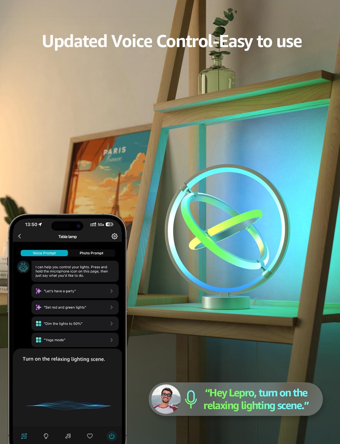 Lepro TB1 AI Smart Table Lamp, RGB Plus IC Addressable LED Lamp Alexa Google Compatible, LightBeats Music Sync, AI Generated Lighting LLM, Color Changing Modern Desk Lamp, 2.4 GHz WiFi/Bluetooth