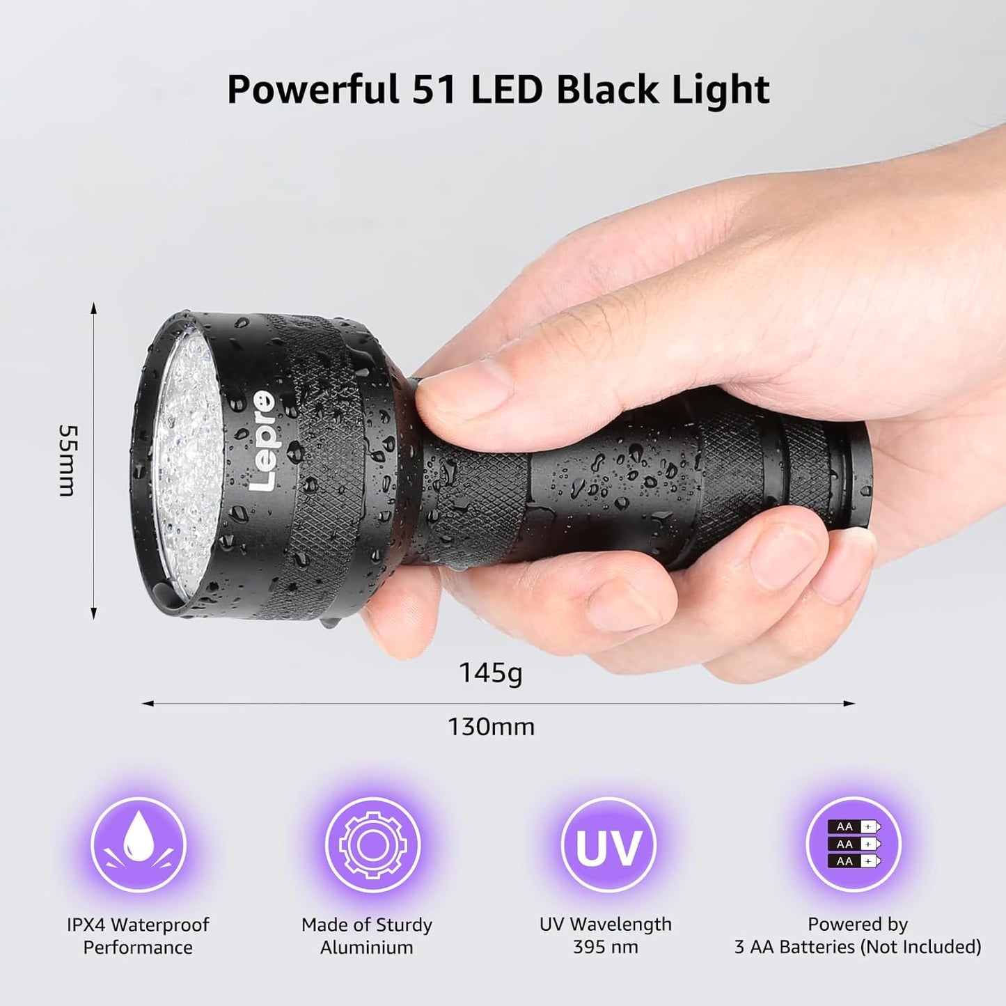 Lepro Black Light Flashlight, 51 LED 395nm wavelength UV Light Portable Ultraviolet Flashlight Dog Urine Detector 3 AA Batteries Needed Find Pet Stains on Clothes Carpet or Rugs
